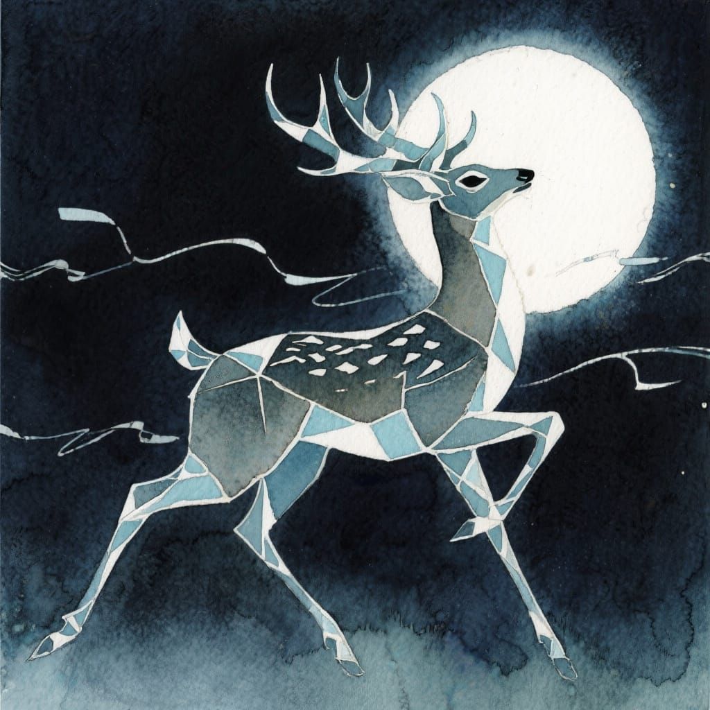 A deer dancing in the light of the moon. Alcohol ink, precise, hard-edged style, melodic angularity, planes of light, br...