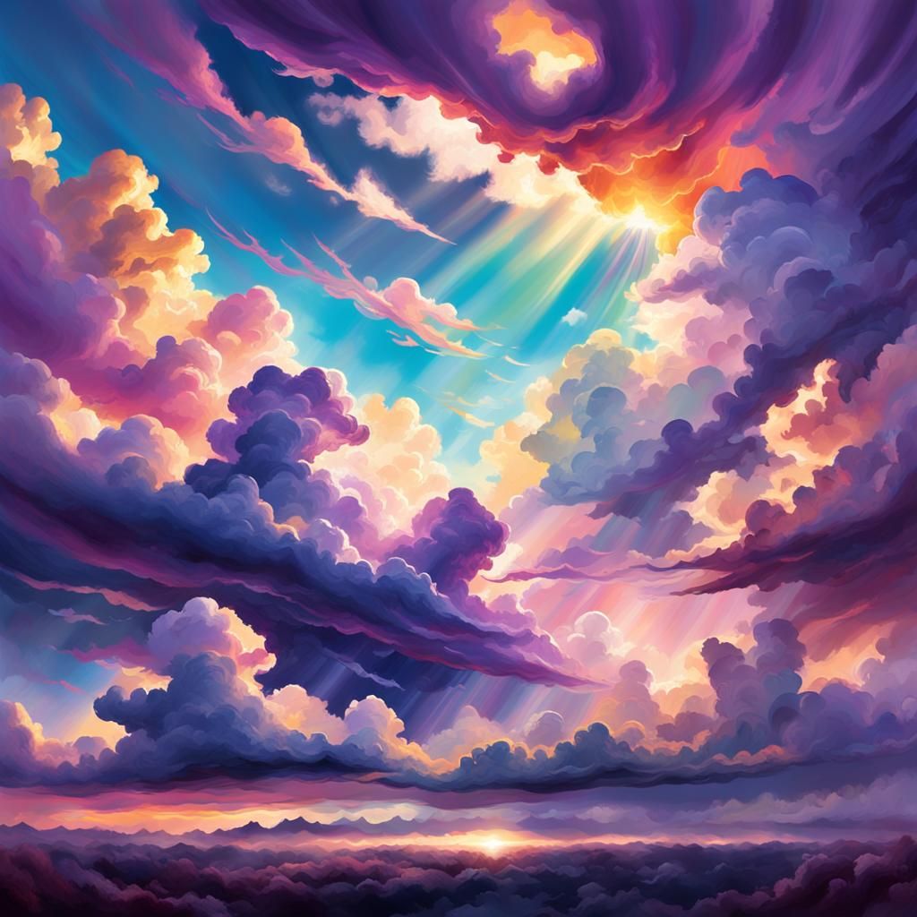Ethereal Purple Clouds with Sunlight: Oil Painting