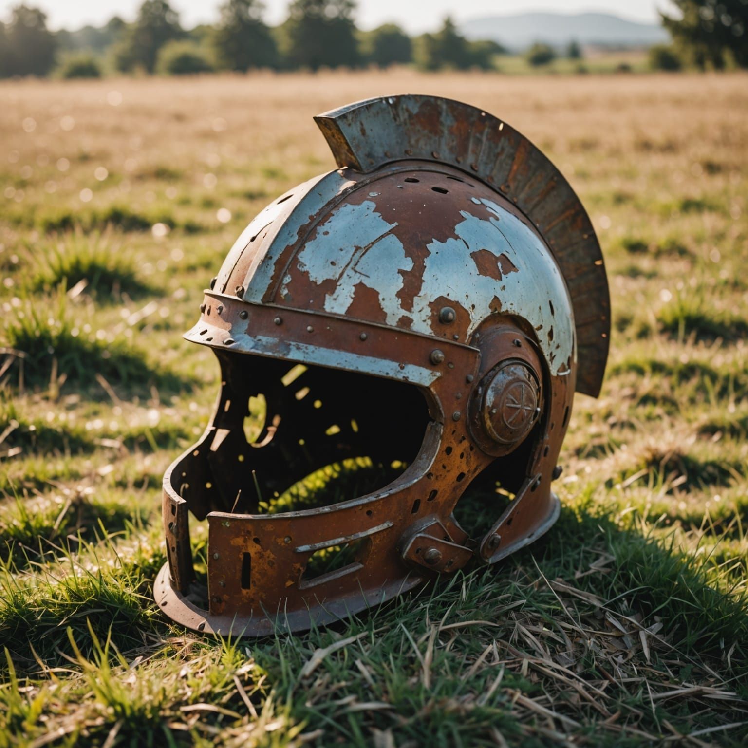 Rusty Greek Helmet in Serene Landscape