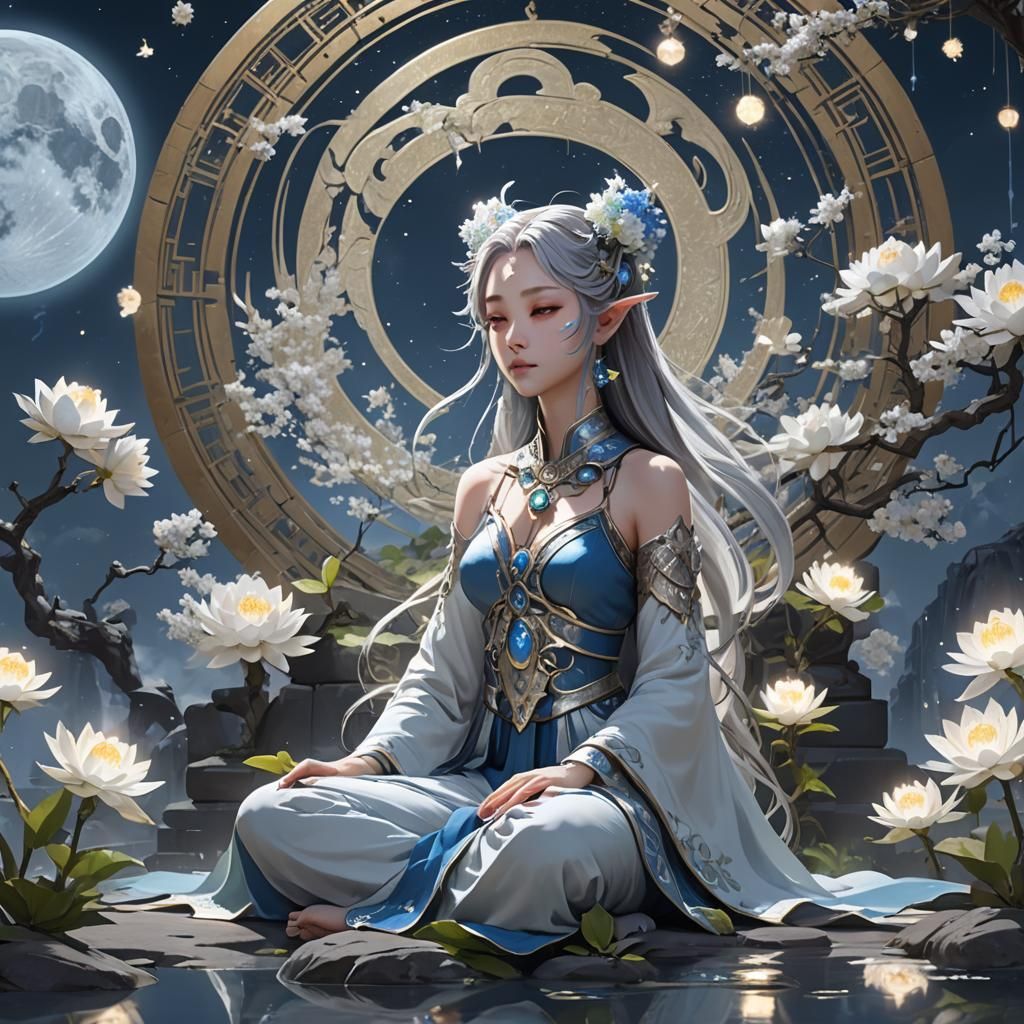 Lunara Meditates in Moonlit Sanctuary: 3D Anime Art