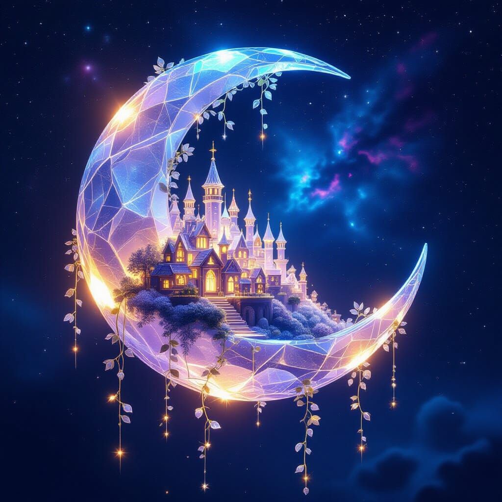 Crystal Moon Village With Dangling Vines In Deep Space