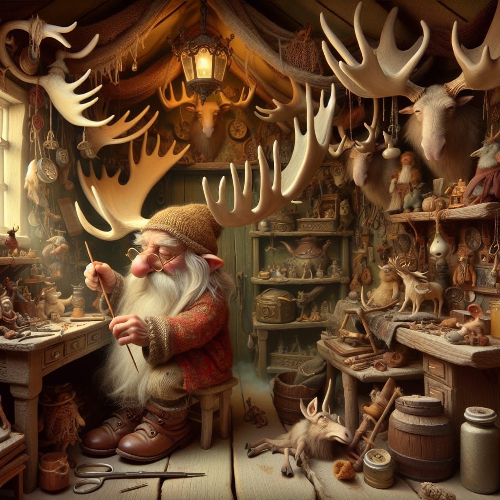Gnome Crafts Moose Antlers in Enchanted Workshop