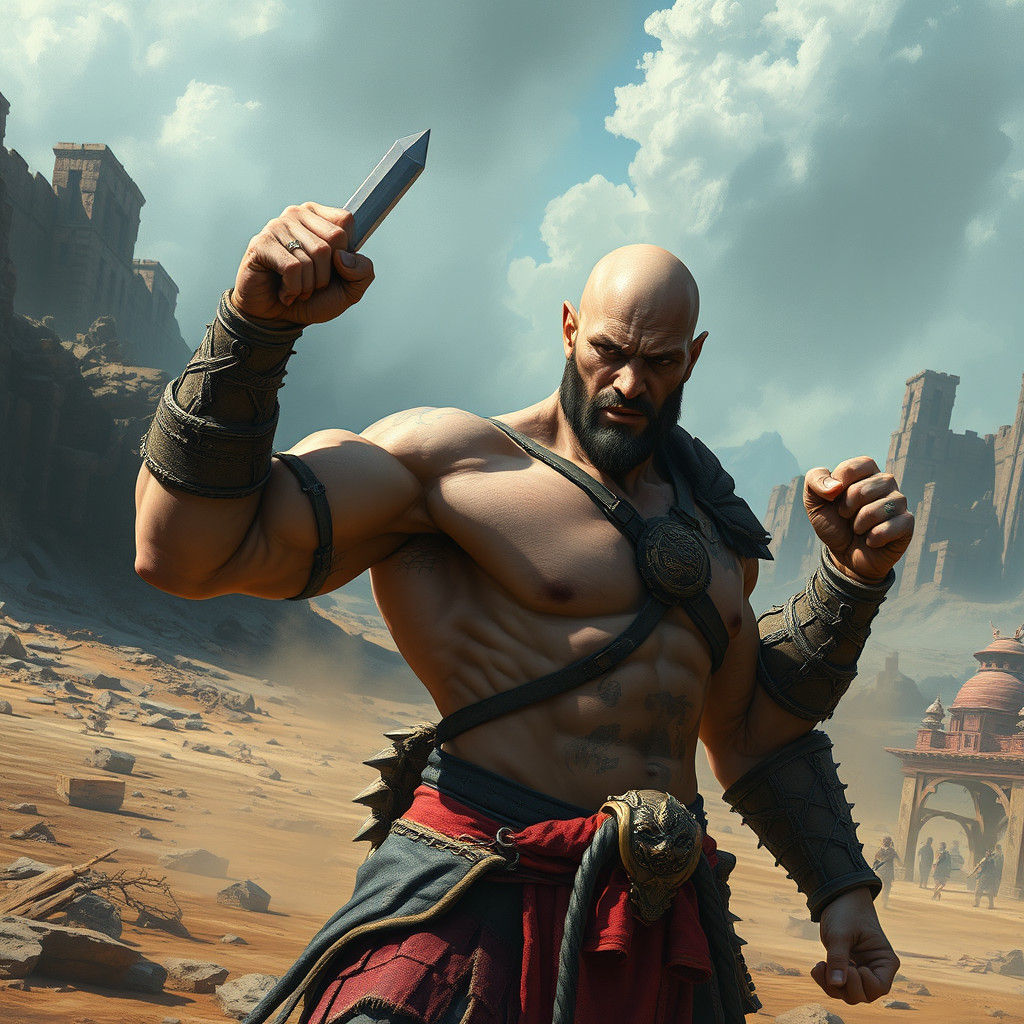 Heroic Bald Warrior in Post-Apocalyptic Wasteland