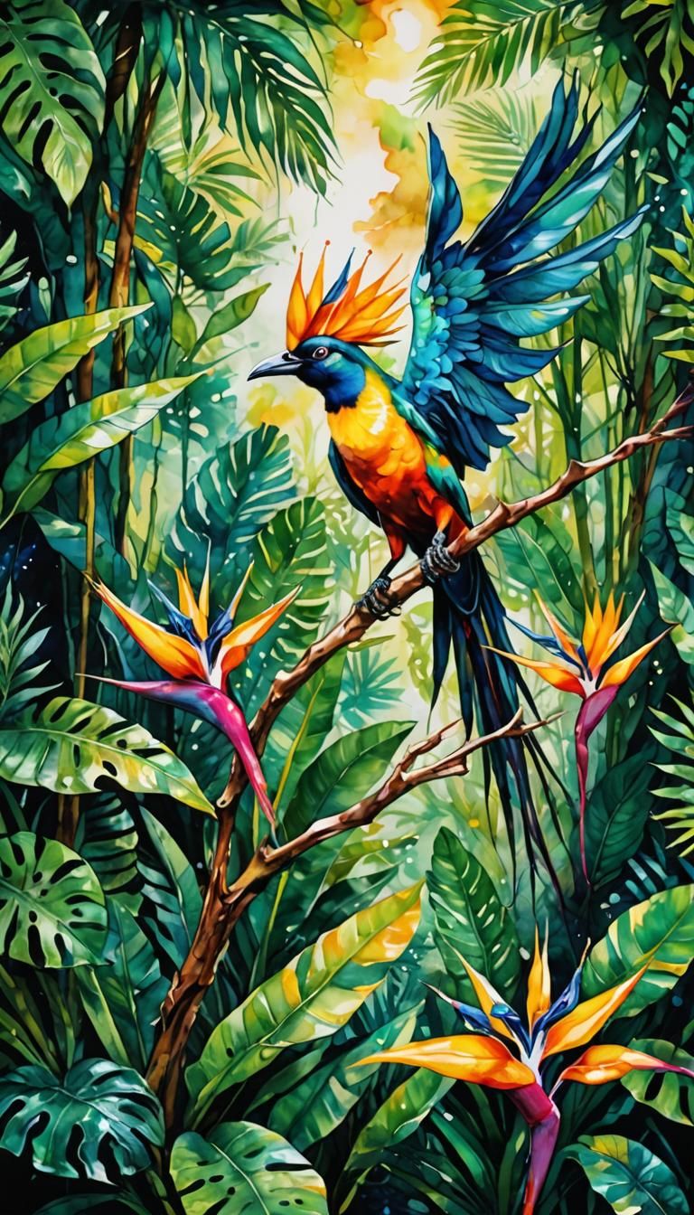 Tropical Bird of Paradise in Lush Jungle