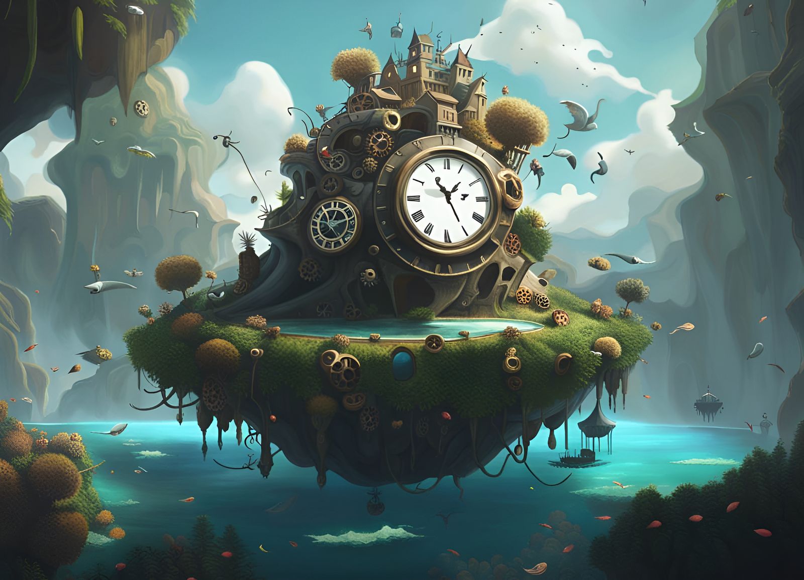 Surreal Floating Island with Clock Gears, Octane Render