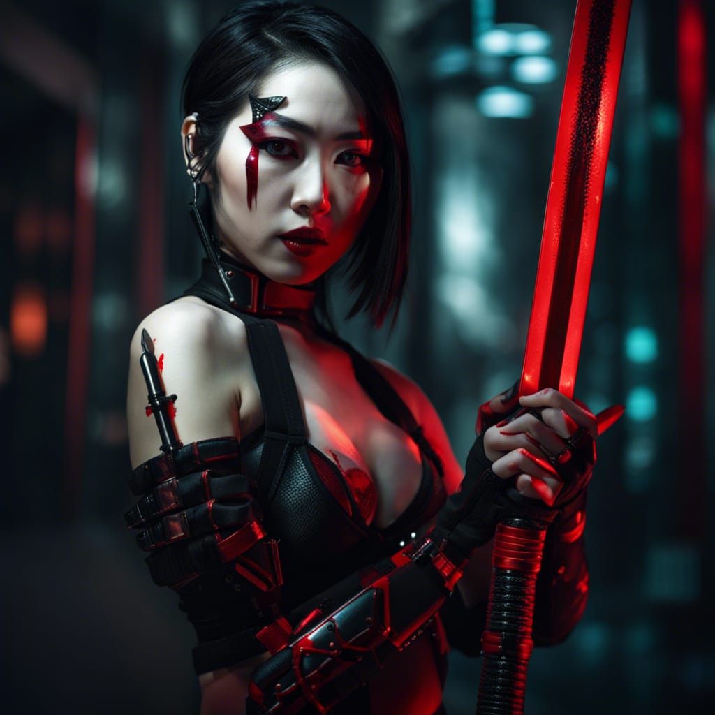 Cyberpunk Beauty with Katana in Dystopian Sunset