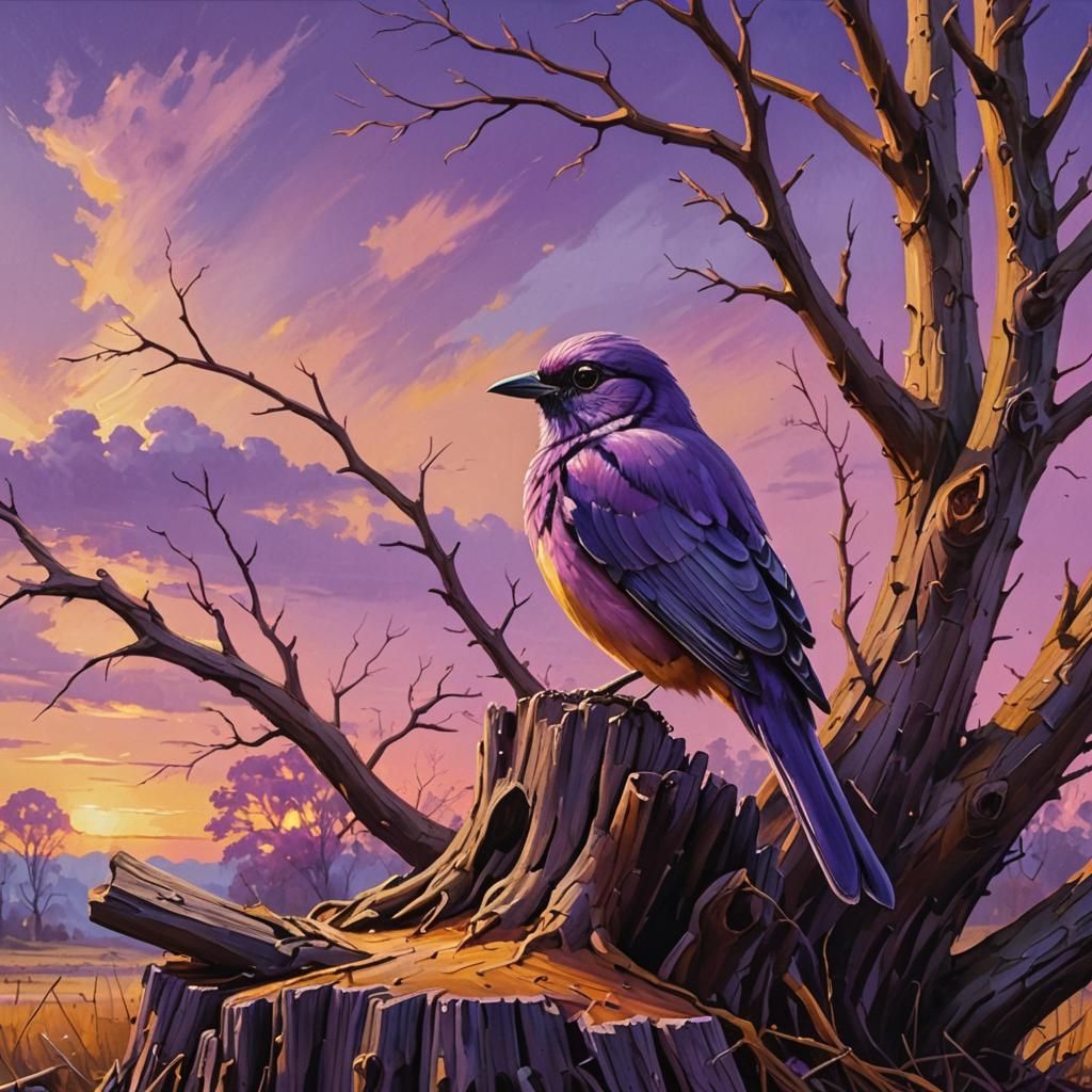 Purple Bird on Purple Stump: Oil Painting
