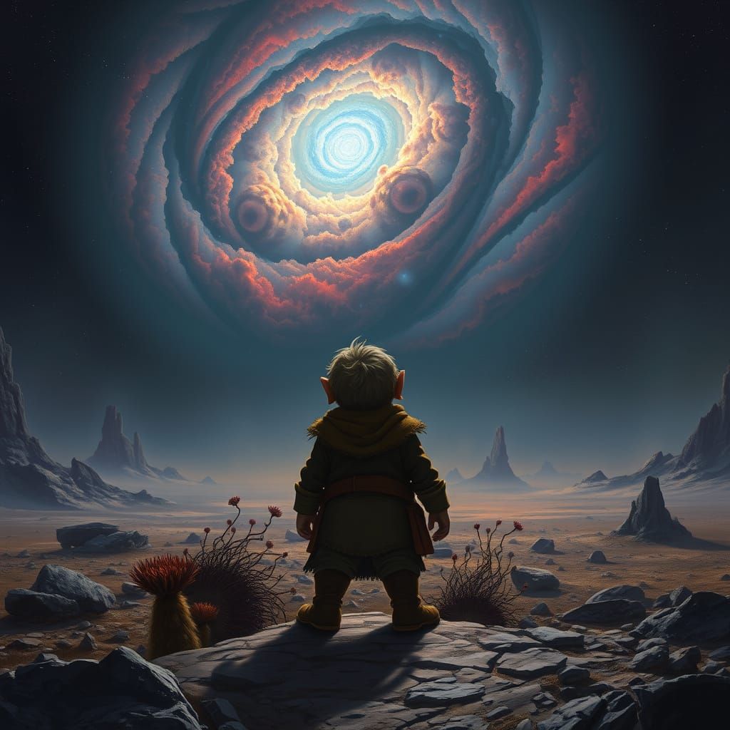 Hobbit Gazing at Nebula on Alien Planet