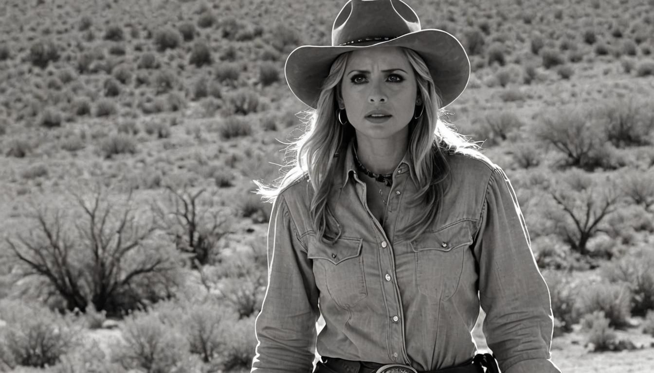 Cowgirl Gunfight in Black and White