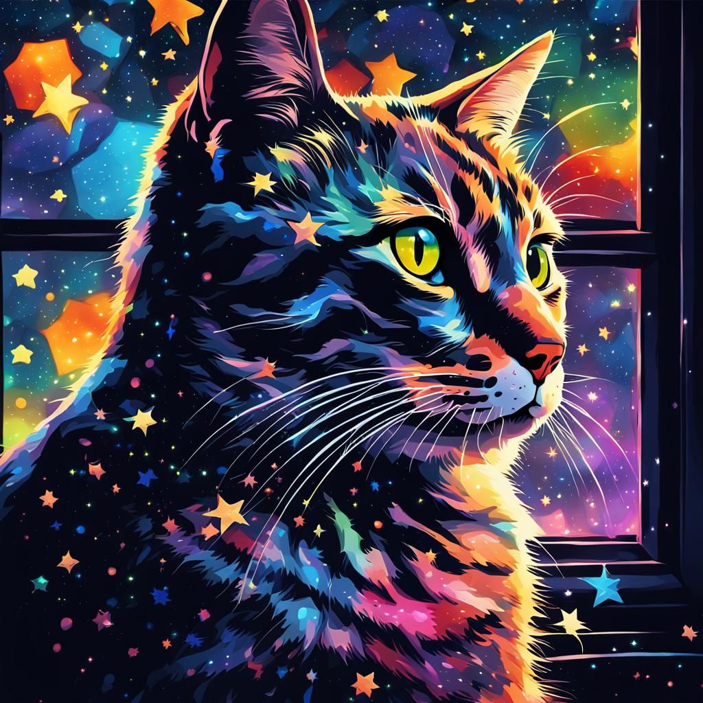 Vivid Cat Portrait with Starry Night Sky, Digital Art