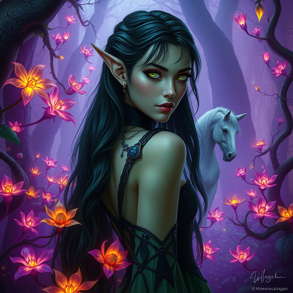 Enigmatic Elf in Mystical Forest, Art Nouveau Style