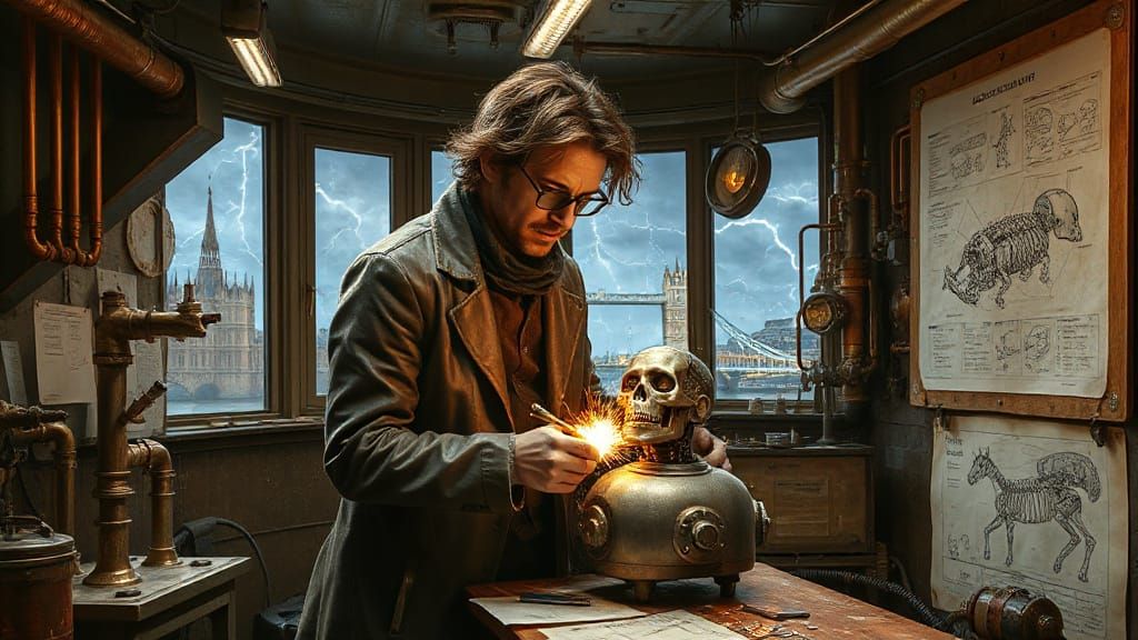 Steampunk Scientist Amidst Futuristic London