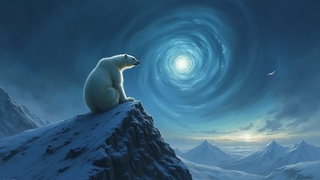 Polar Bear Contemplates Nebula from Mountain Peak