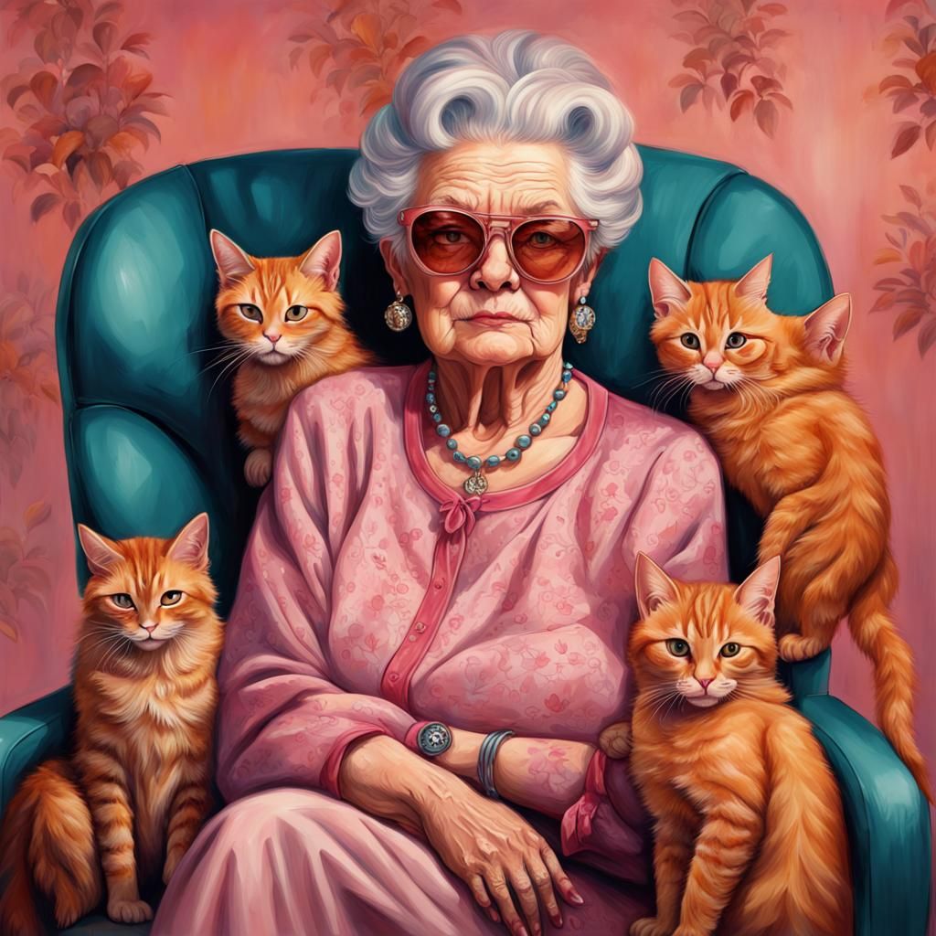 Glamorous Old Lady with Ginger Cats