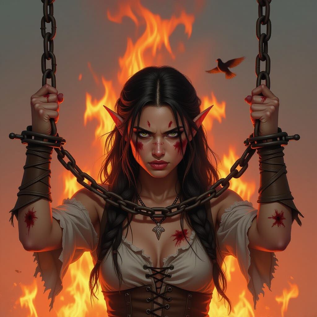 Defiant Half-Elf Woman in Chains with Fiery Sky