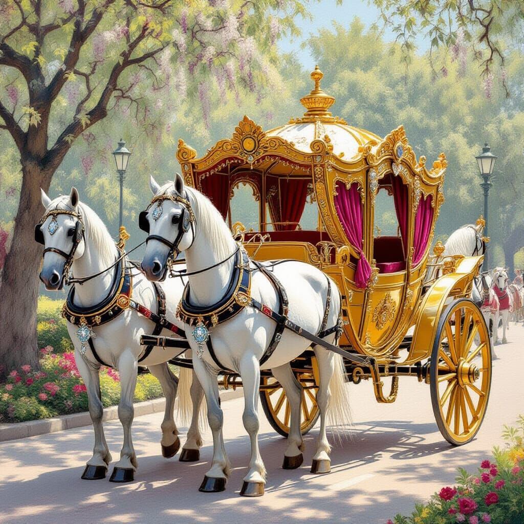 Luxurious Golden Horse Carriage in Classic Illustration Styl...