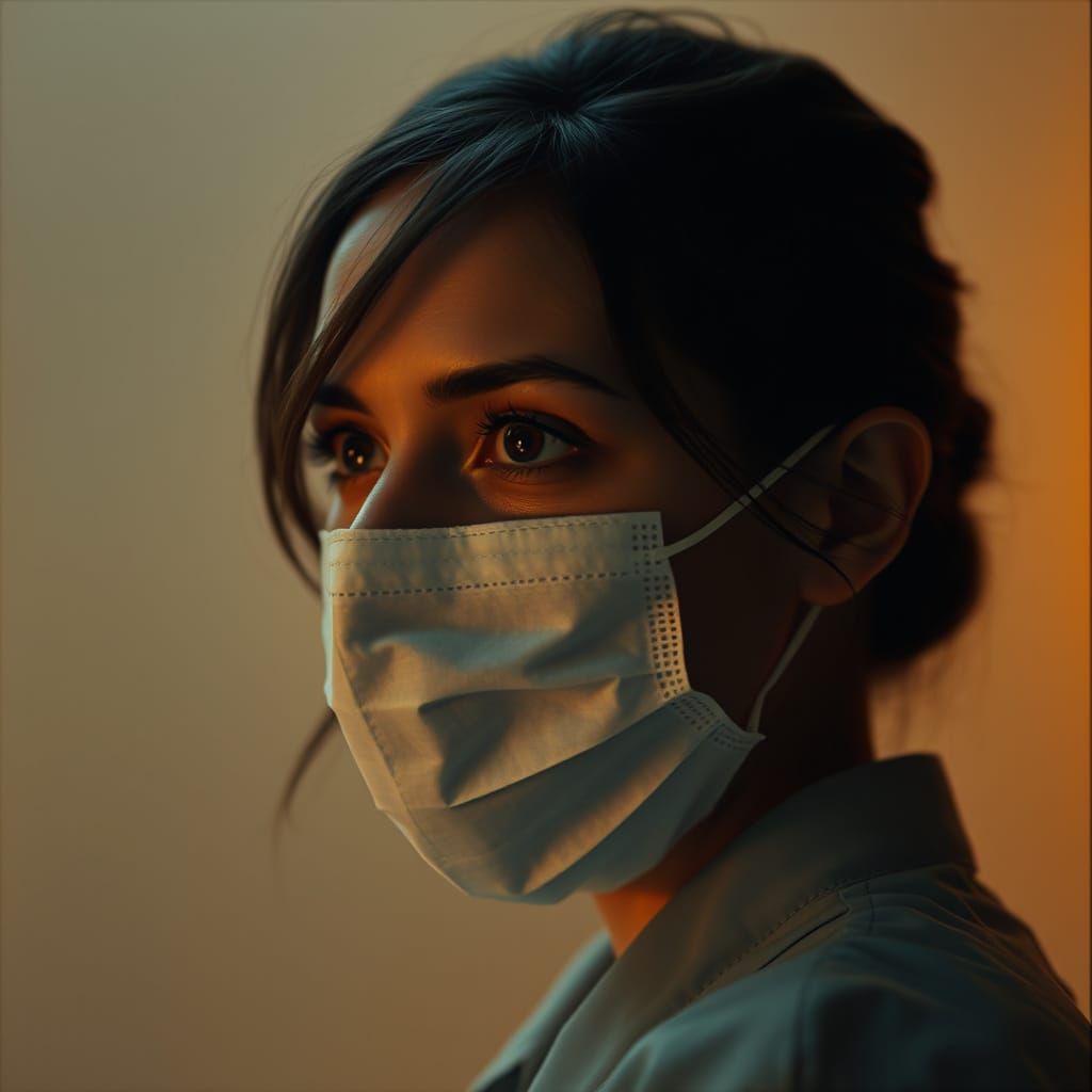 Ethereal Woman in Medical Mask, Cinematic Film Still