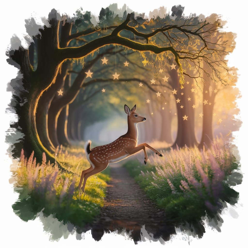 Deer Leaping Through Sunlit Forest with Star Lanterns