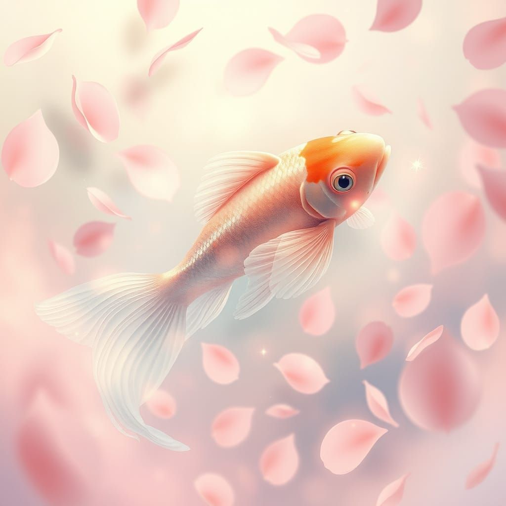 Ethereal Koi Fish in Dreamy Petal Landscape