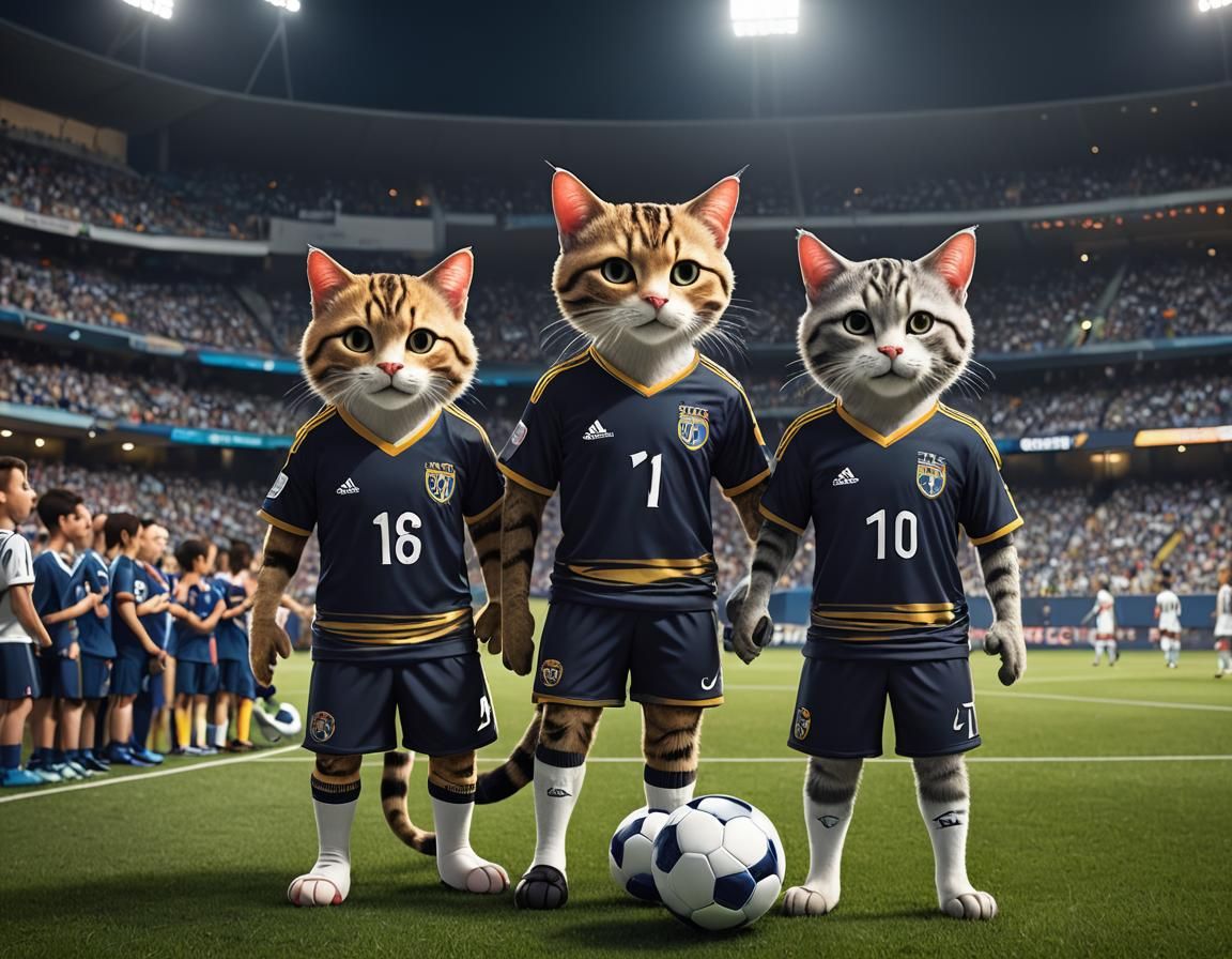 Anthropomorphic Cats Play Night Soccer in Stadium