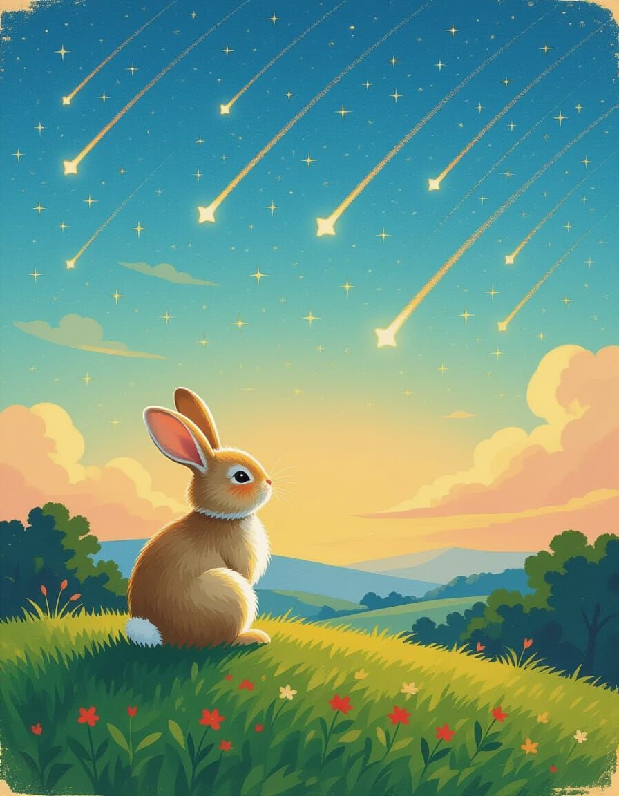 Fluffy Bunny Under Twilight Shooting Stars