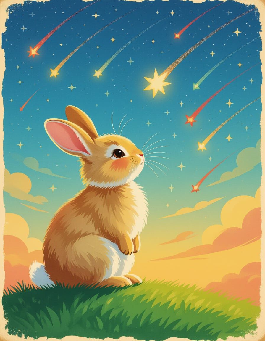 Vintage Bunny Illustration Under Starry Twilight Sky