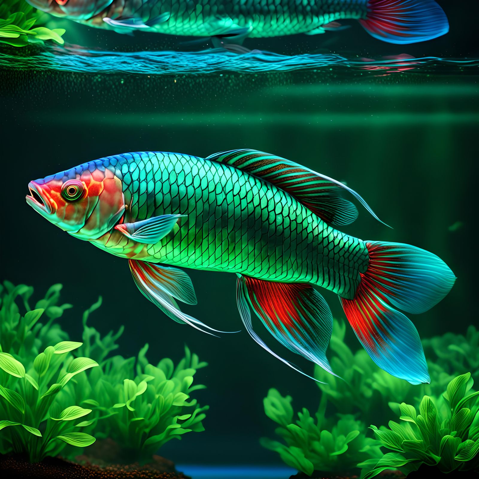 Green Arowana Fish Swimming in Aquarium: 3D Render