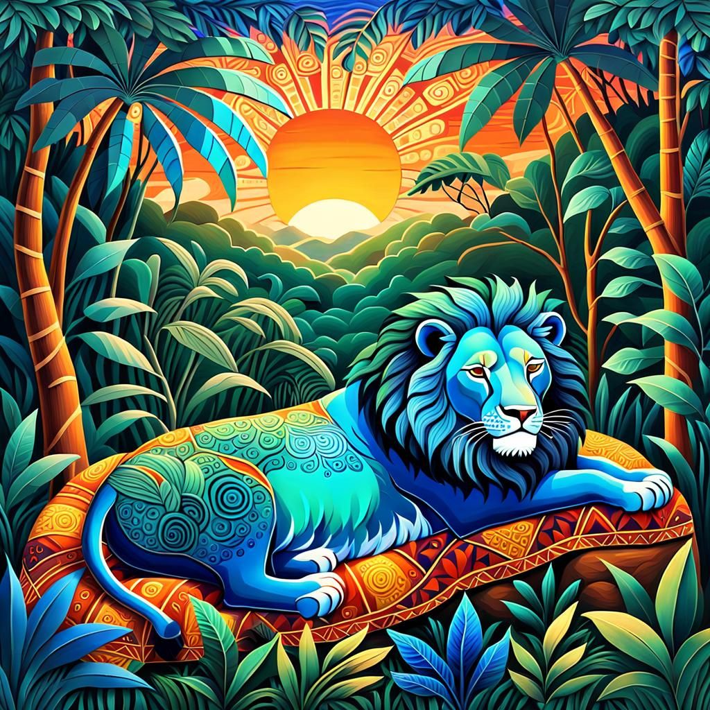 Lion Sleeping in Jungle: African Folk Art Style