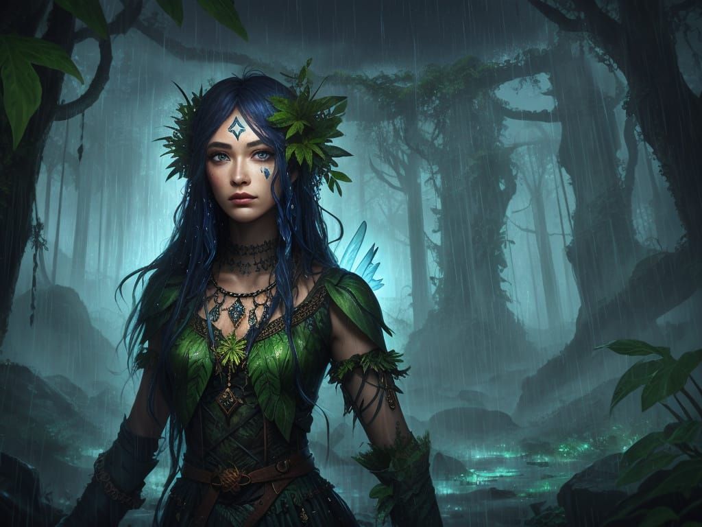 Fairy in the Heart of a Rainy Night Jungle with Ancient Rune...