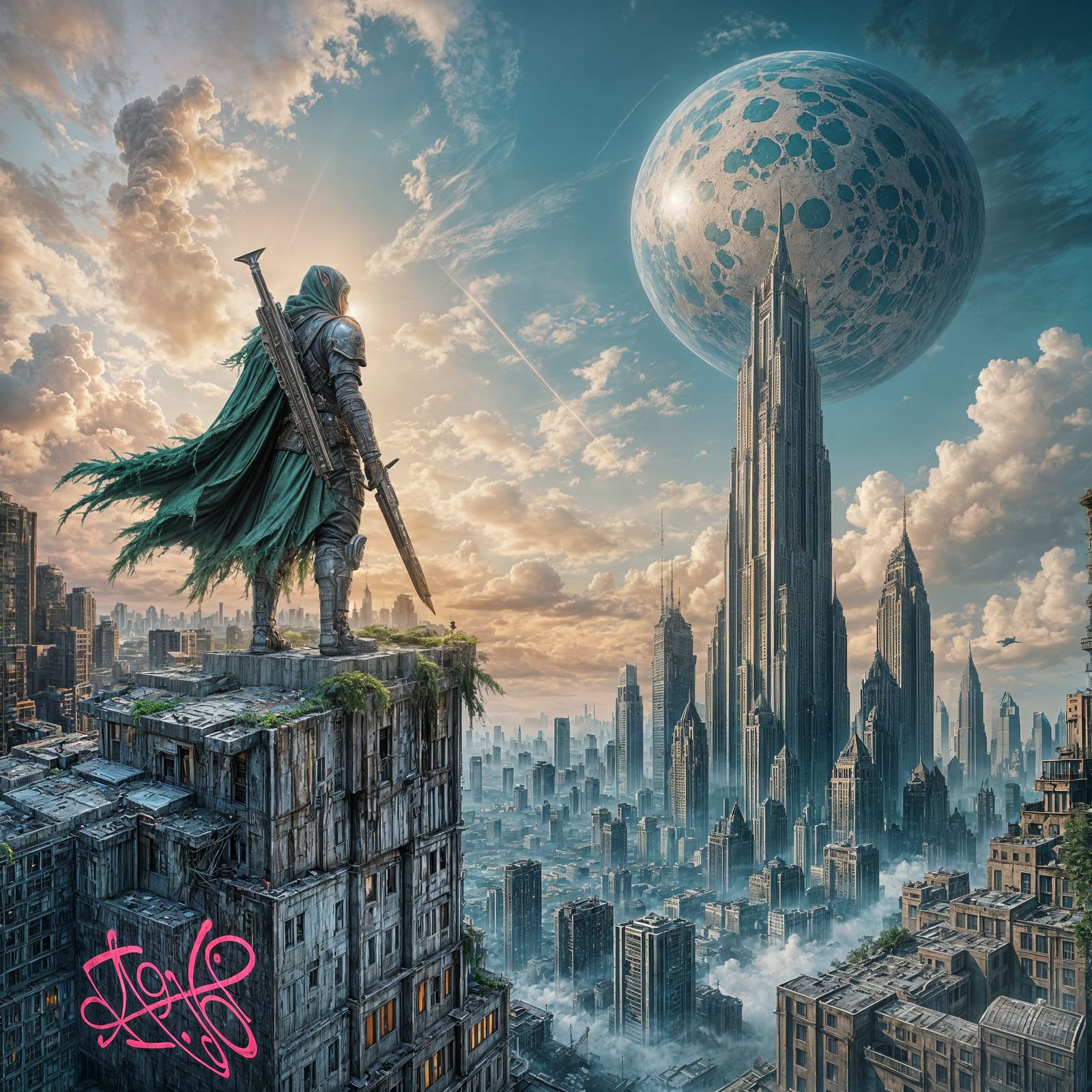 Elf Warrior Overlooking Cosmic Cityscape Mural