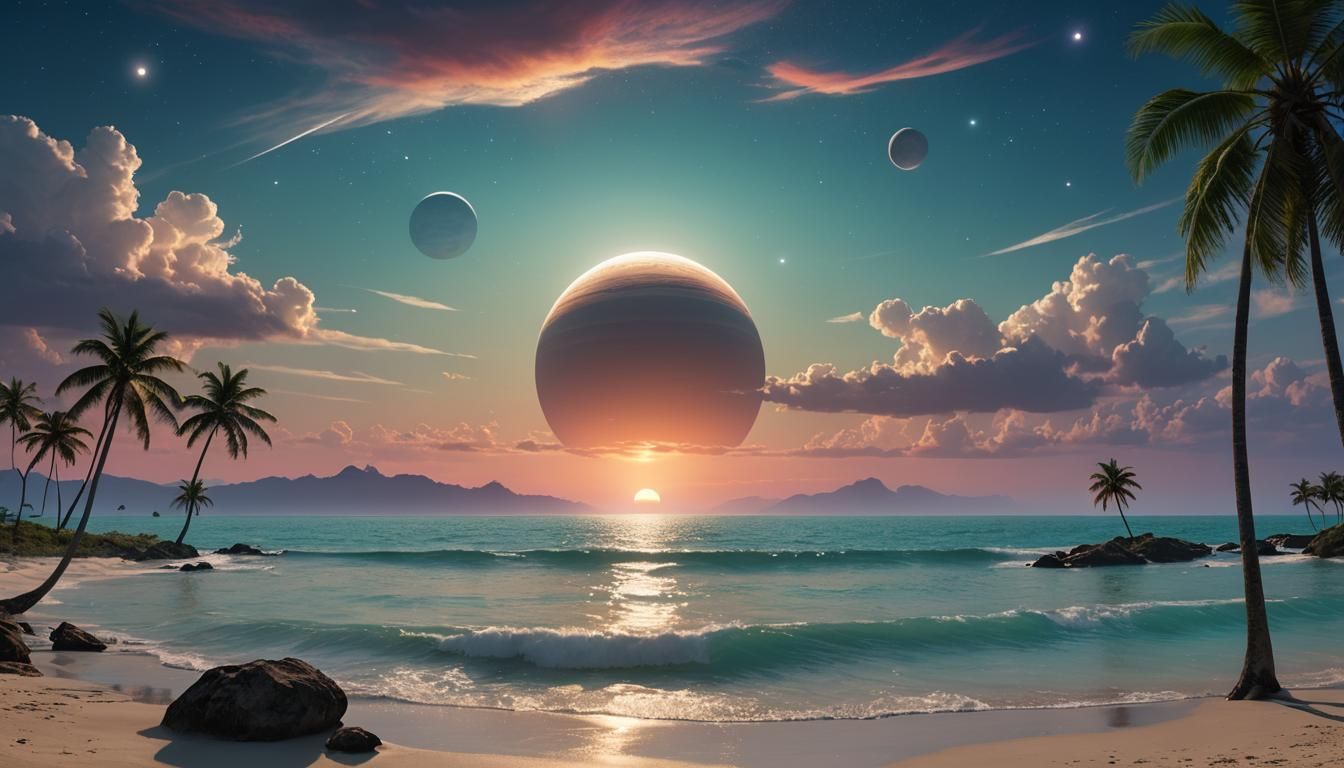 Giant Saturn Planet Over Twilight Beachscape