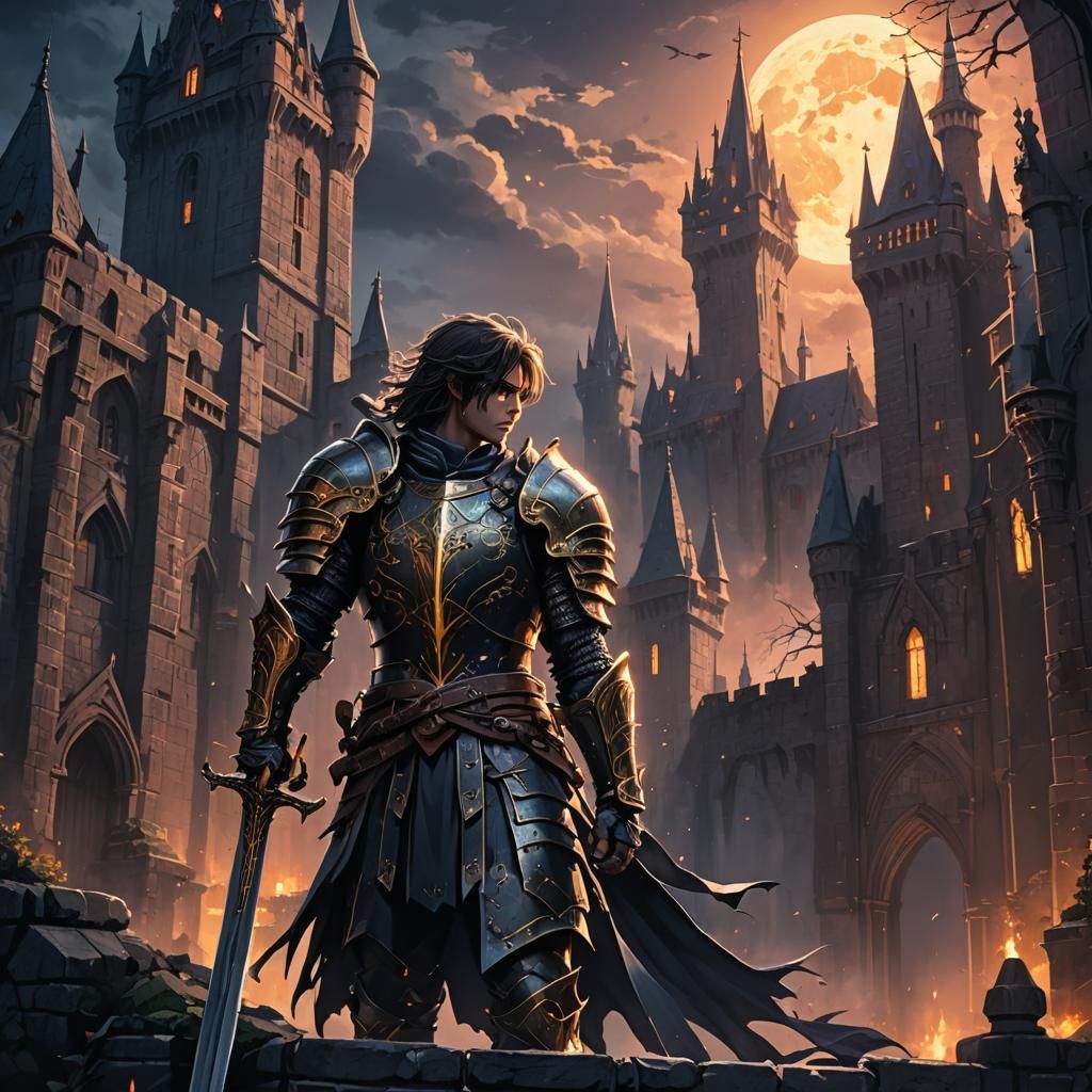 Brooding Warrior on Gothic Edge in Anime Style