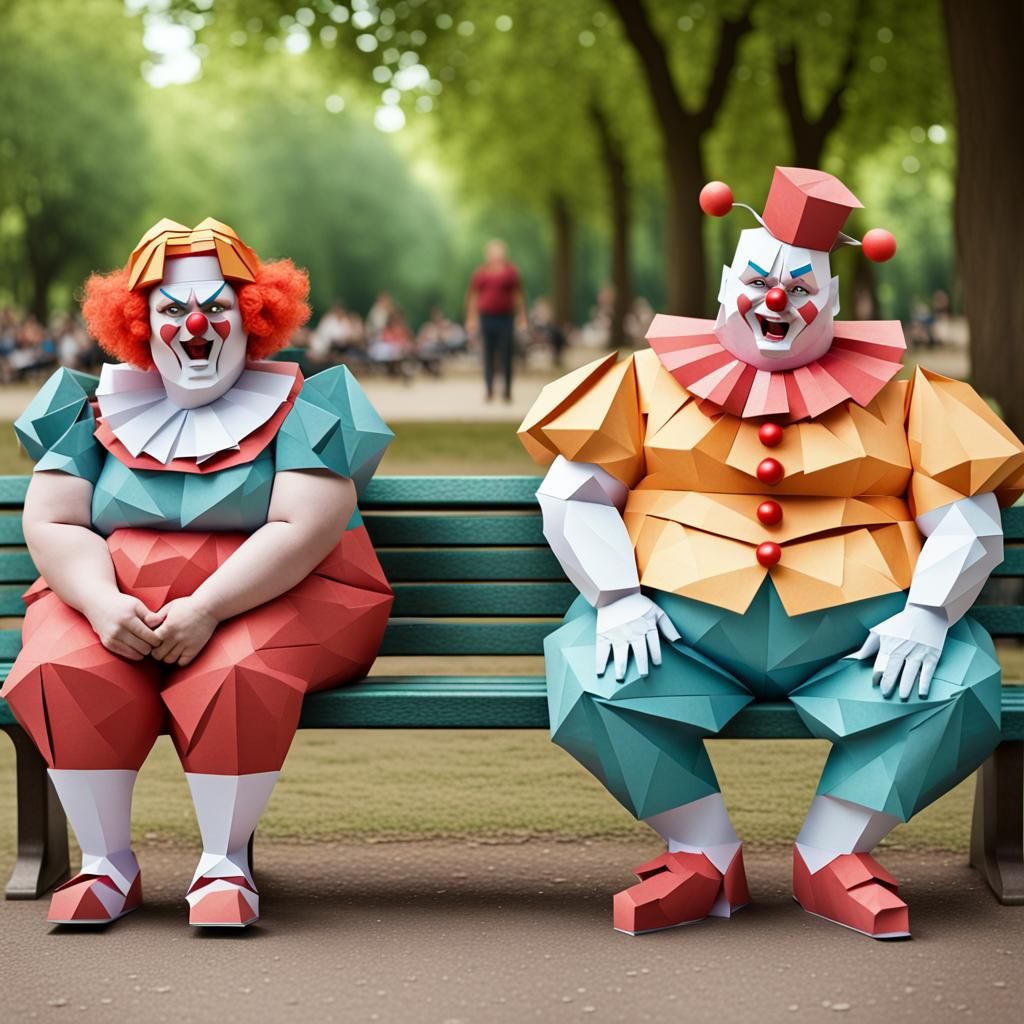 Clowns in Park as Origami Papercraft