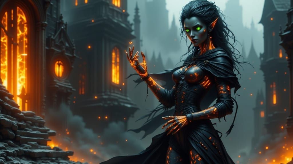 Glowing Female Cyborg in Stormy Castle Courtyard