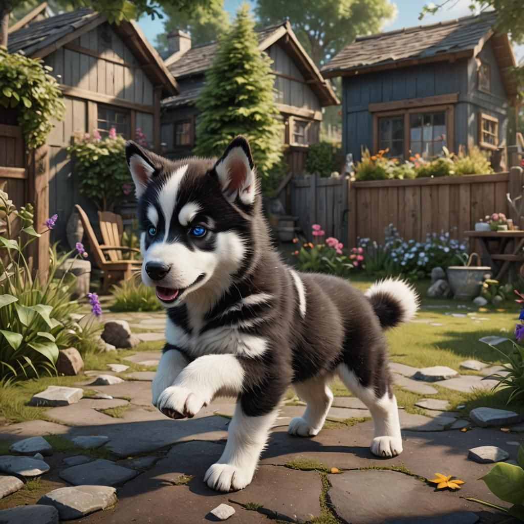 Husky Puppy Plays: Detailed Matte Painting