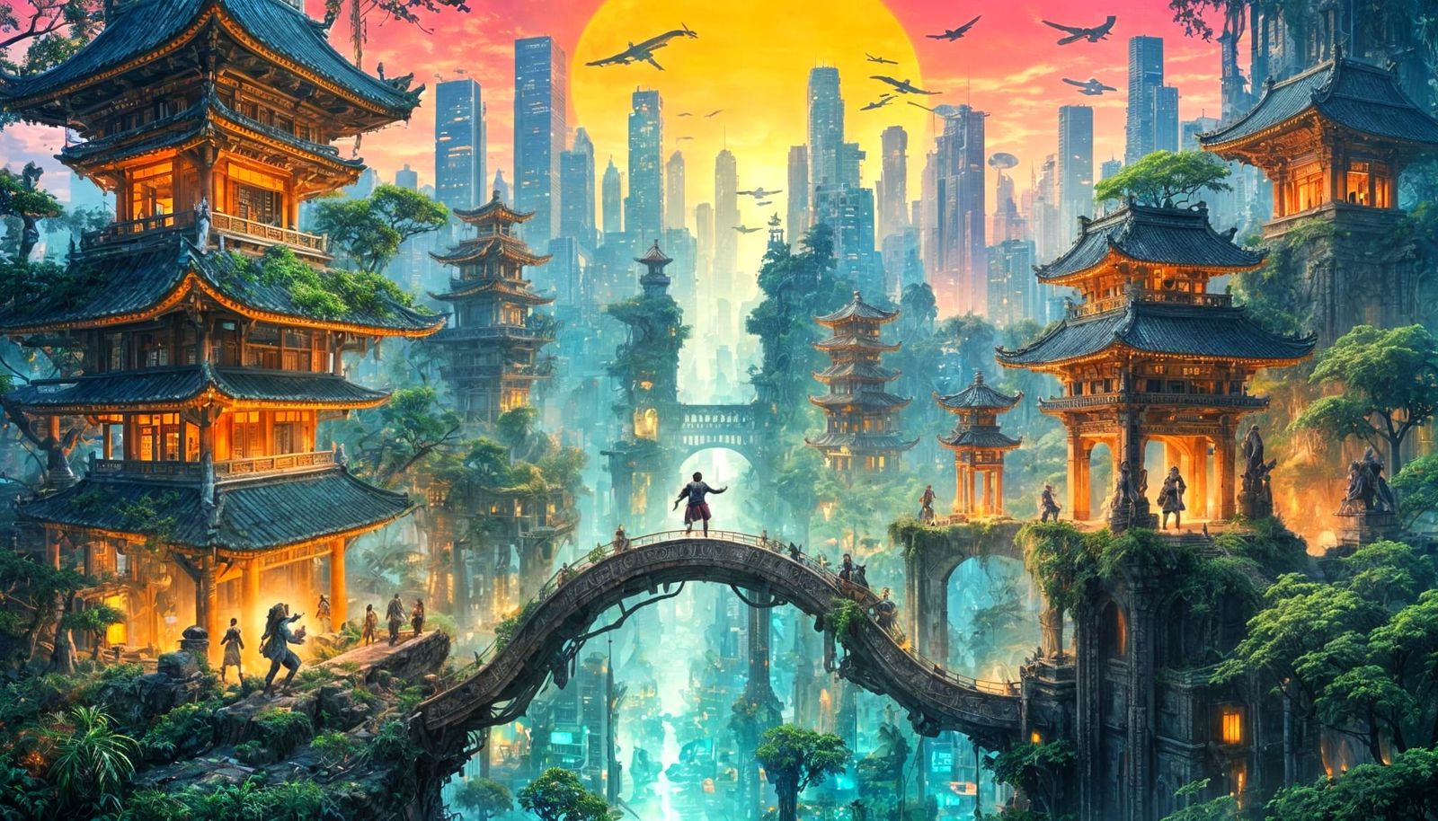 Jungle Ruins Meet Neon Cityscape in Harmony