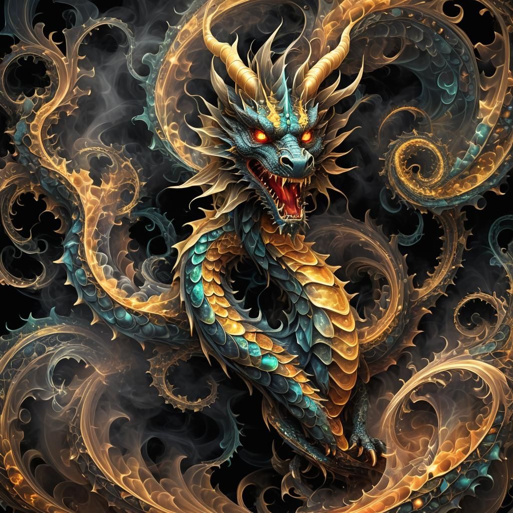 Dragon Emerges from Fractal Smoke: Geometric Abstraction