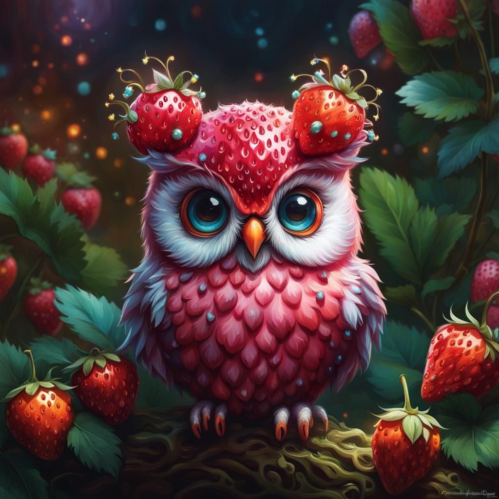 Strawberry Owl with Glowing Eyes, Detailed Fantasy Art
