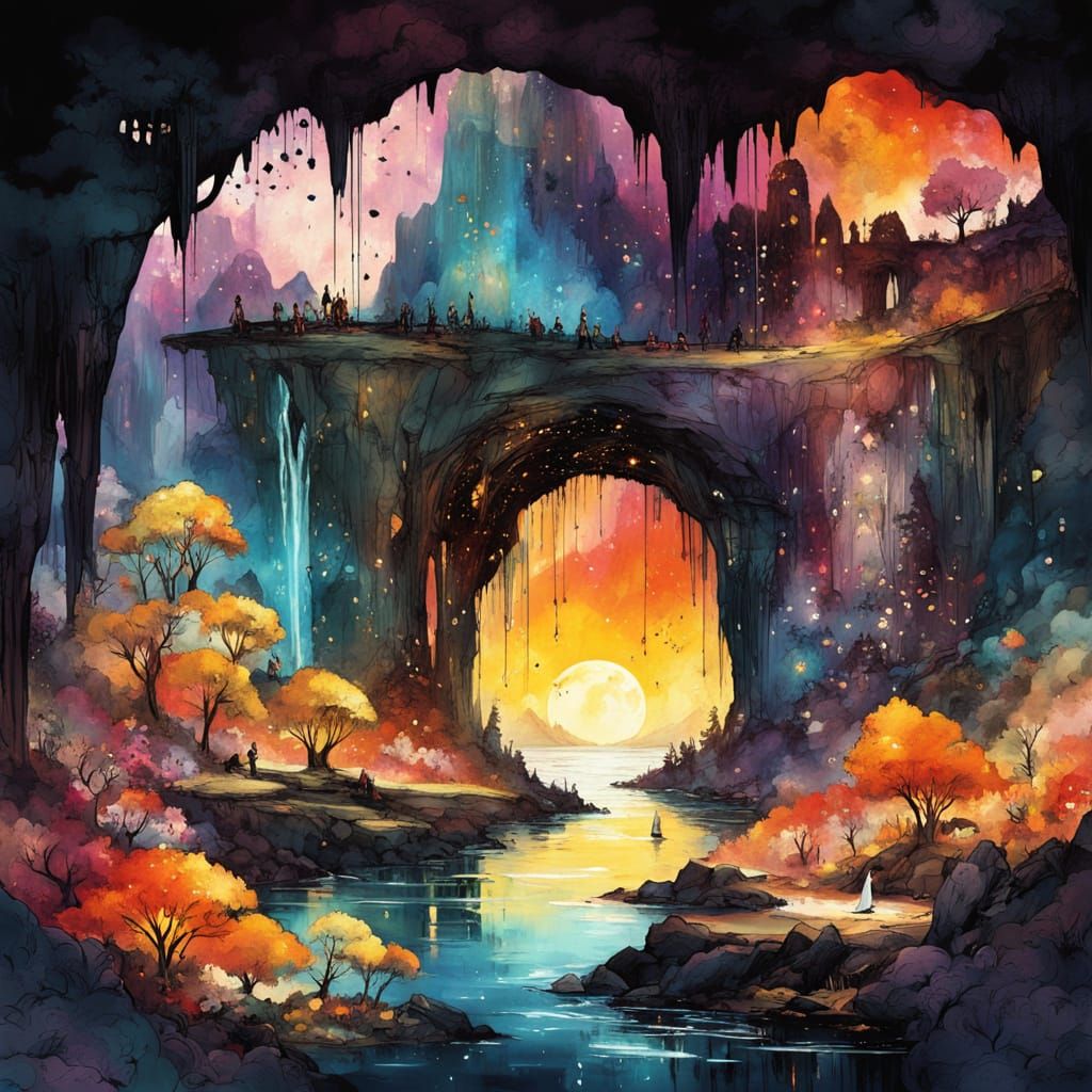 Glowing Waterfall in Crystal Cave: Digital Matte Painting