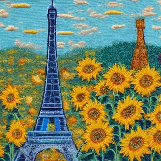 Eiffel Tower amidst Vibrant Sunflowers in Art Nouveau Style