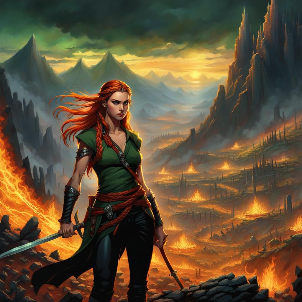 Valkyrie Princess with Flaming Sword in Dark Fantasy Art