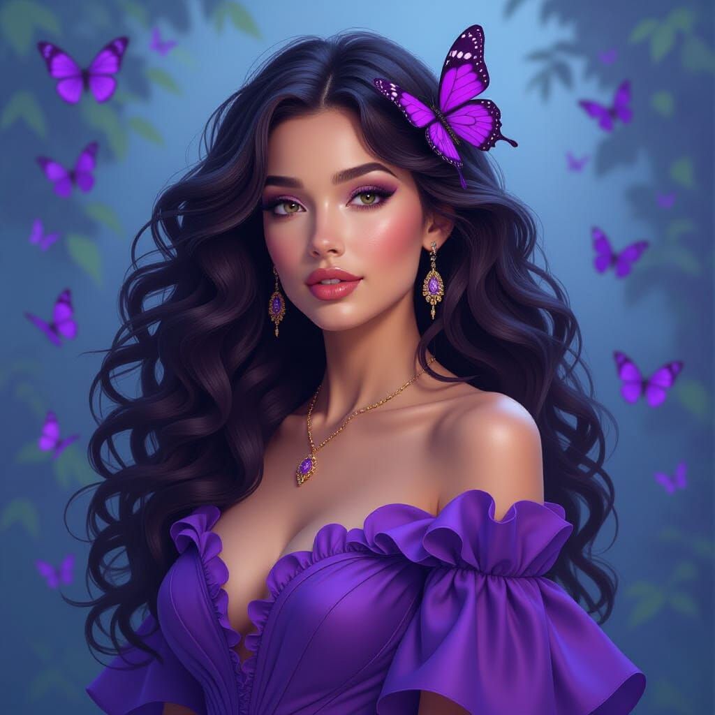 photo-realistic image of an elegant woman With her long dark...