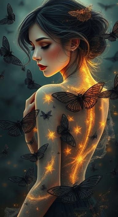 Serene Woman Dissolving into Moths and Ash