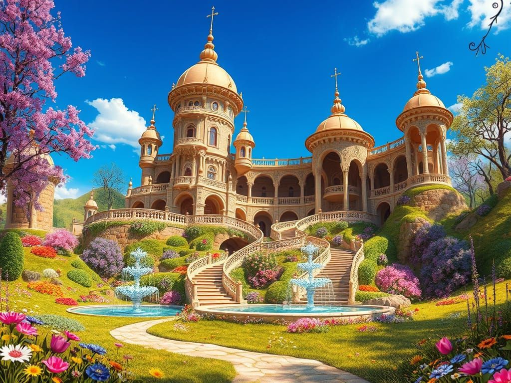 Enchanted Palace in a Vibrant Spring Landscape