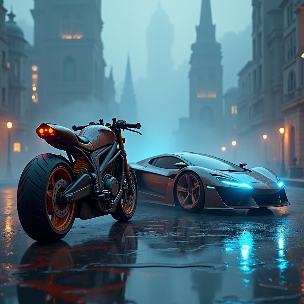 Motorbike and Futuristic Car in Mystical Cityscape