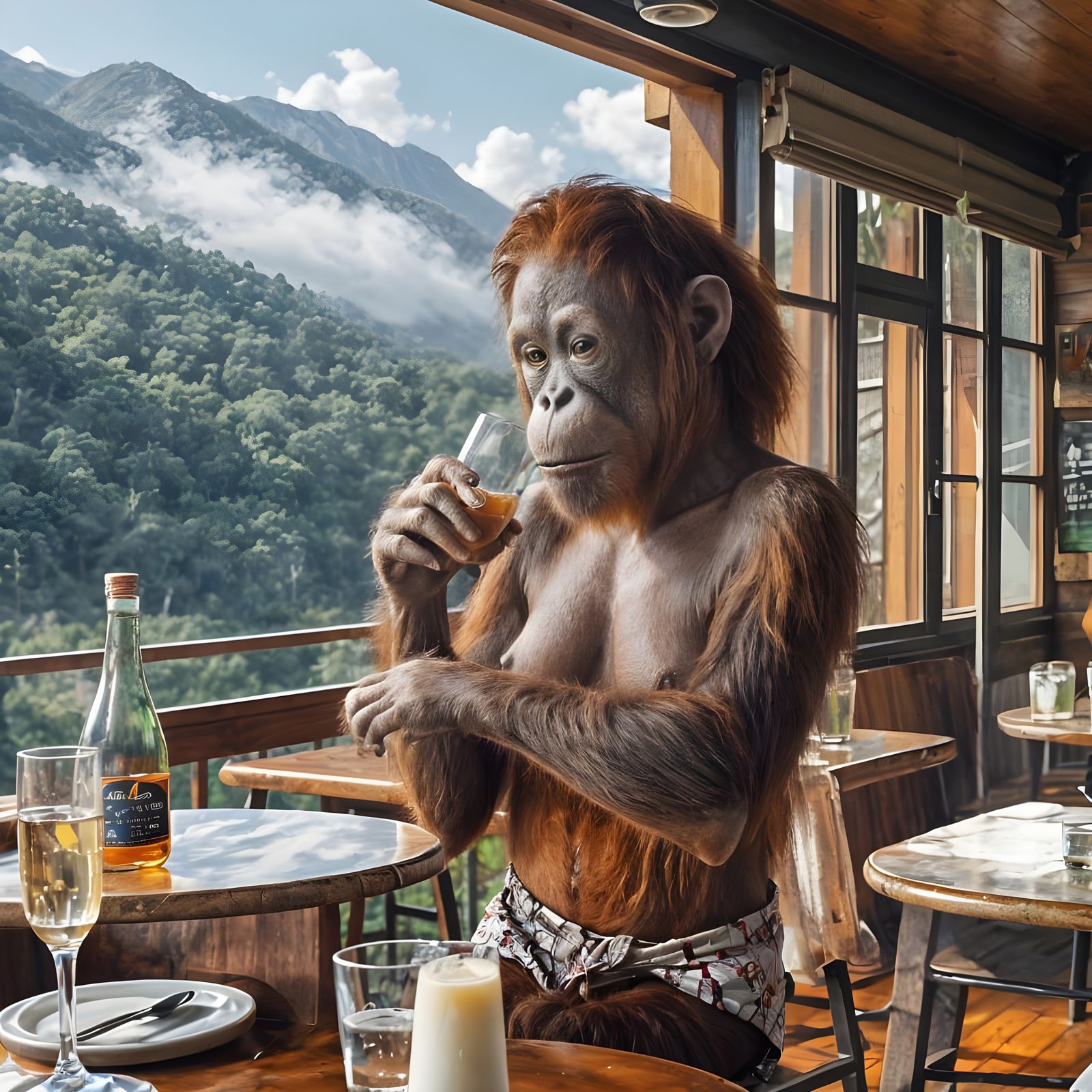 Vibrant Orangutan in a Mountain Café