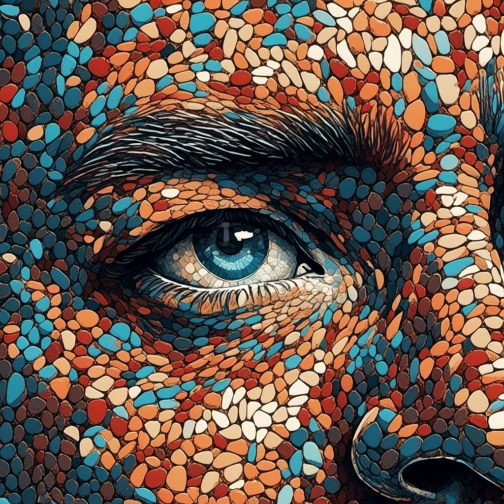 Pointillist Portrait in Mosaic Style with Intense Gaze