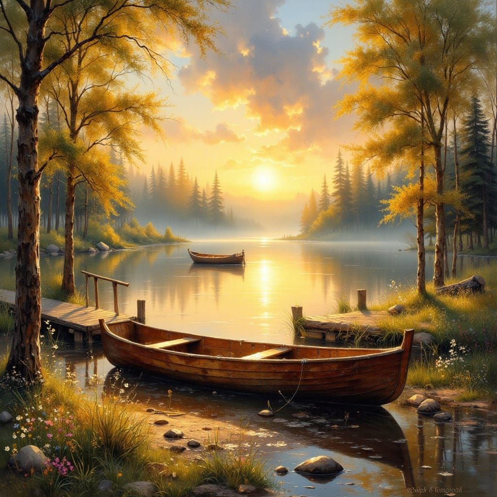 Lakeside Rowboat at Golden Hour in Impressionistic Style