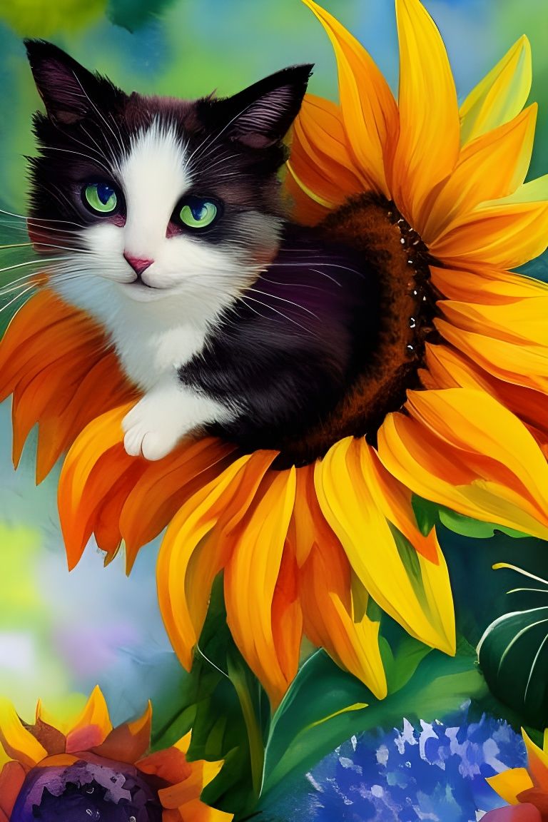 Anthropomorphic Sunflower Cat in Gouache Style