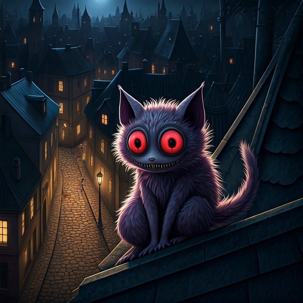 Gothic Creature on Rooftop in Tim Burton Style